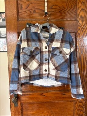 Sonos Blue Brown Cream Plaid Kids Shacket Jacket